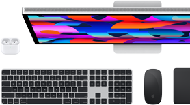 Mac accessories: AirPods, Studio Display, Black Magic Keyboard with Touch ID, Black Magic Mouse, and Black Magic Trackpad