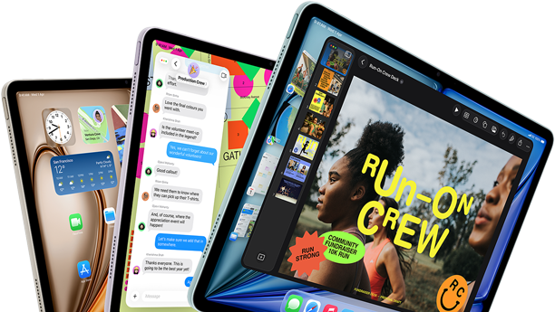 Three iPad Air displays in fan-like arrangement, colors: Blue, Purple, Starlight, front exterior, side exterior, apps on screen display include Keynote app, Messages, and Home Screen