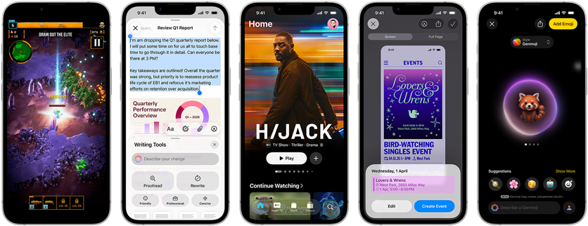 Side-by-side iPhone 17e devices showing different screens: a game being played, Writing Tools, Apple TV app, a calendar event being created, a Genmoji being created