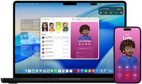 14-inch MacBook Pro and iPhone 16 — the iPhone is calling a contact named Luis while the MacBook Pro shows the same call in the Phone app