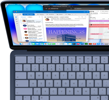 MacBook Neo, indigo color, person is using it to multitask, checking their emails with Outlook and tracking a project schedule with Asana