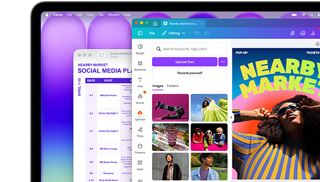 MacBook Neo display, showing a colorful social media plan on Preview and a vibrant flyer for a local market being designed on Canva, both look stunning on this brilliant display