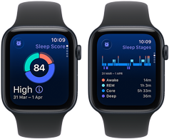 Two Apple Watch SE 3 devices with Midnight aluminum cases showing sleep score and a possible sleep apnea alert on screens