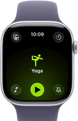 Apple Watch Series 11, aluminum silver case, Yoga Workout open, right side exterior: Digital Crown, purple fog Sport Band