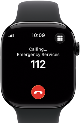 Apple Watch Series 11, aluminum jet black case, emergency call to 911 on screen, right side exterior: Digital Crown, black Sport Band