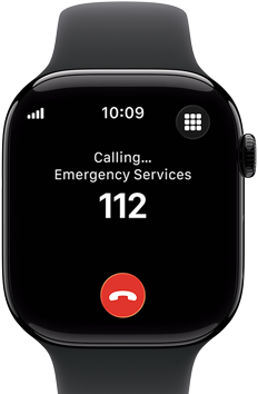 Apple Watch Series 11, aluminum jet black case, emergency call to 911 on screen, right side exterior: Digital Crown, black Sport Band