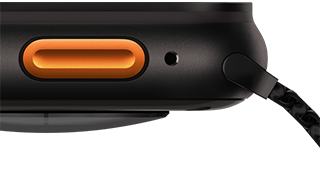 Apple Watch Ultra 3, black color, titanium case, convex sensor on back, left side exterior, Action button, siren