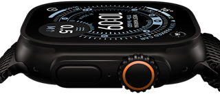 Apple Watch Ultra 3, side exterior, black titanium case, compass on Orienteering watch face, side button and digital crown