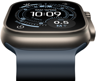 Apple Watch Ultra 3 tilted forward, natural titanium case, compass on Orienteering watch face, anchor blue Ocean Band