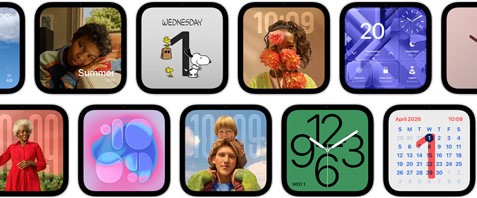 Apple HomeView, multiple devices: displaying various faces, including digital and analog clock styles with wallpapers featuring a variety of photos and illustrations