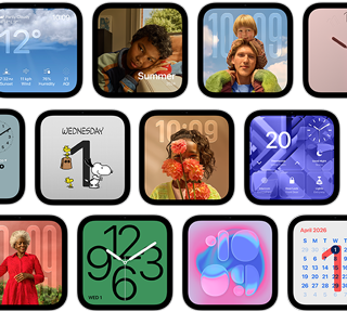 Apple HomeView, multiple devices: displaying various faces, including digital and analog clock styles with wallpapers featuring a variety of photos and illustrations
