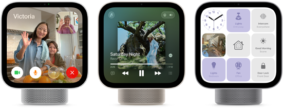 Apple HomeView, three devices, front exterior, from left to right: silver color, displaying FaceTime call with multiple participants, starlight color (pale gold), showing Apple Music app, and space gray color, displaying a grid of nine smart home controls