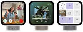 Apple HomeView, three devices, front exterior, from left to right: silver color, displaying FaceTime call with multiple participants, starlight color (pale gold), showing Apple Music app, and space gray color, displaying a grid of nine smart home controls