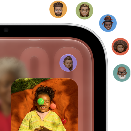 Closeup of Apple HomeView display, showing home screen with Apple app icons and photo. A user's Memoji icon is displayed in the top right corner of the HomeView display, with five additional Memoji icons appearing outside the display representing the ability to switch between multiple users