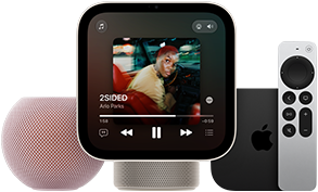 HomePod mini 2 speaker pink color, mesh fabric exterior, Apple HomeView device, starlight (pale gold) color, front exterior, displaying Apple Music app, Apple TV 4K, top exterior, black color with Apple logo, shown with Siri remote, silver color, front exterior