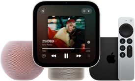 HomePod mini 2 speaker pink color, mesh fabric exterior, Apple HomeView device, starlight (pale gold) color, front exterior, displaying Apple Music app, Apple TV 4K, top exterior, black color with Apple logo, shown with Siri remote, silver color, front exterior
