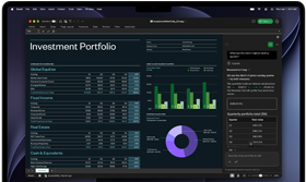 MacBook Pro screen showing Excel spreadsheet with investment portfolio data, green bar chart, purple donut chart, and Copilot sidebar with quarterly totals