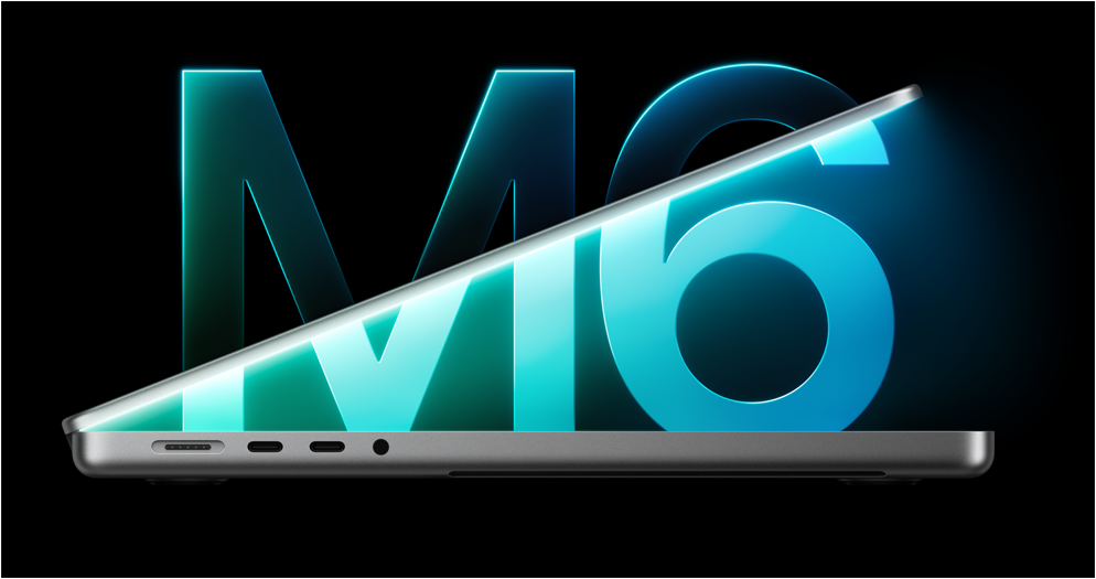 MacBook Pro side profile, silver color, partially open lid revealing glowing blue light, large glowing M6 graphic in background