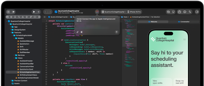 MacBook Pro, Xcode, code editor shows comment: Connect the app to Apple Intelligence, iPhone preview, Quantum College Hospital app, text reads: Say hi to your scheduling assistant, buttons: View open shifts, Swap my next shift