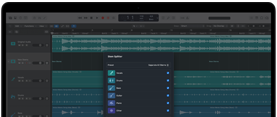 MacBook Pro, Logic Pro, waveform tracks, Stem Splitter panel, categories: vocals, drums, bass, other, each with separate audio waveform