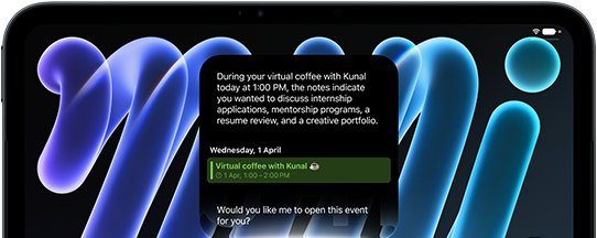 iPad mini, front view, displaying a notification about an upcoming meeting using the Siri AI summarize feature