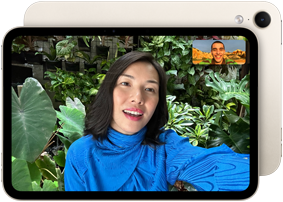 iPad mini, front view, displaying a Landscape 12MP Center Stage front camera interface, showing a person video calling amidst green foliage