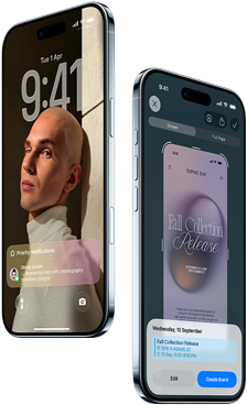 Two iPhone Air devices, front exterior, side exterior, thin profile, Lock Screen, visual intelligence feature in use