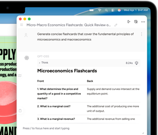 MacBook Air screen showing Apple Intelligence Writing Tools creating flash cards about micro and macro economics