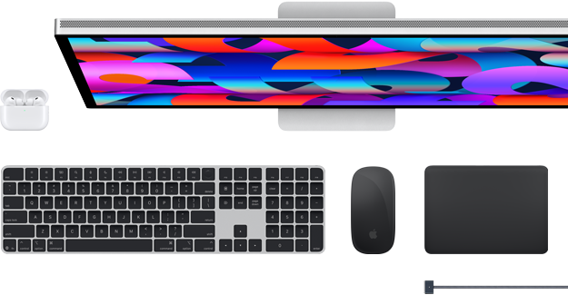 Mac accessories: Airpods, Studio Display, Magic Keyboard, Magic Mouse, Magic Trackpad, MagSafe charge cable in Space Black